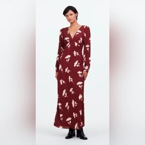 Madewell V Neck Cuff Sleeve Maxi Dress in Floral Bordeaux Resort Vacation 12